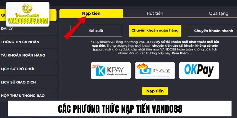 Các phương thức nạp tiền Vando88